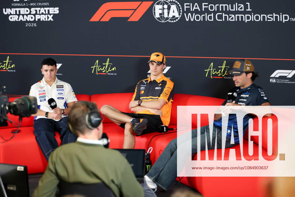 AUSTIN, TX - OCTOBER 22: Isack Hadjar (6) of France and Oracle Red Bull Racing, Oscar Piastri (81) of Australia and McLaren Mastercard F1 Team and Carlos Sainz (55) of Spain and Atlassian Williams F1 Team are interviewed on arrival day of the Formula 1 MSC Cruises United States Grand Prix on October 22, 2026, at Circuit of The Americas in Austin, Texas.(Photo by David Buono Icon Sportswire) AUTO: OCT 22 F1 United States Grand Prix Icon2610220061