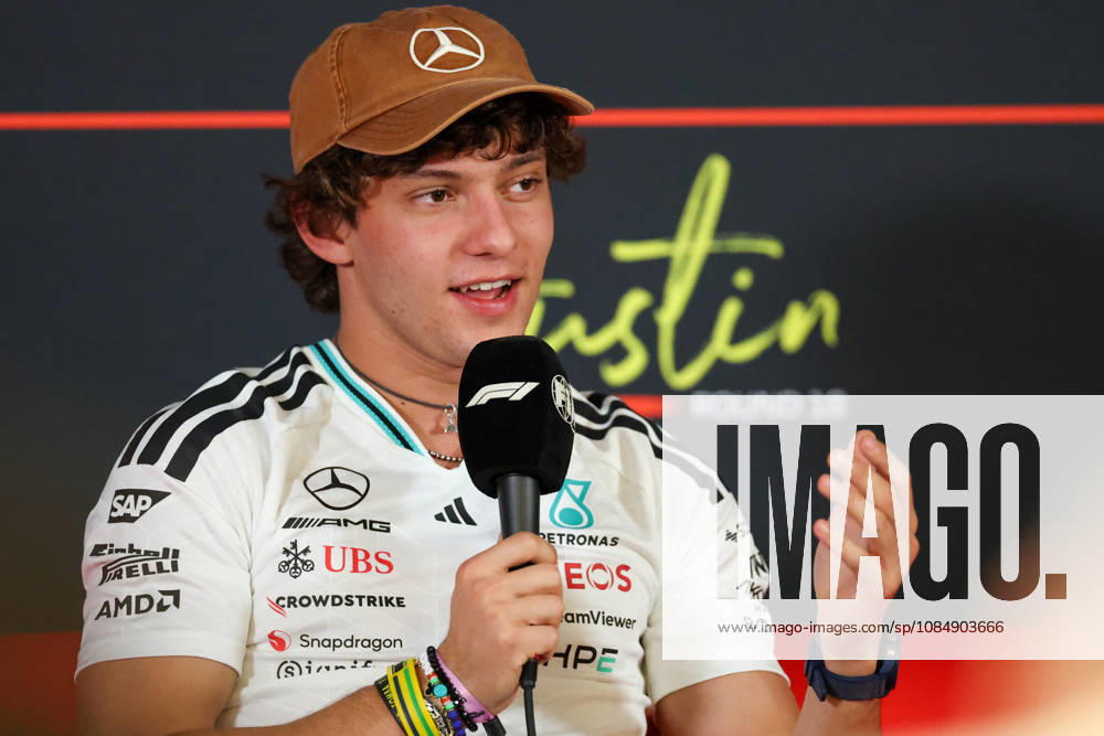 AUSTIN, TX - OCTOBER 22: Andrea Kimi Antonelli (12) of Italy and Mercedes-AMG PETRONAS Formula One Team in an interview on arrival day of the Formula 1 MSC Cruises United States Grand Prix on October 22, 2026, at Circuit of The Americas in Austin, Texas.(Photo by David Buono Icon Sportswire) AUTO: OCT 22 F1 United States Grand Prix Icon2610220161