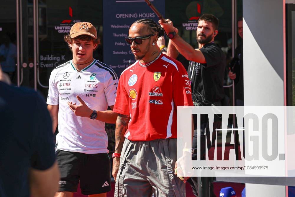 Lewis Hamilton from UK, Andrea Kimi Antonelli from Italy during United States Grand Prix - Austin - Thursday - Media Day at Circuit of the Americas (COTA) in Austin. Italy - ZUMAm313 20261022_zsp_m313_116