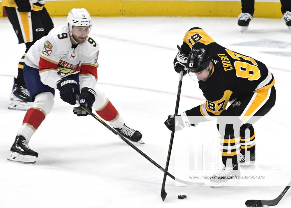 Pittsburgh Penguins center Sidney Crosby (87) plays the puck away from Florida Panthers center Sam Bennett (9) in the first period at PPG Paints Arena in Pittsburgh on Thursday, October 22, 2026. PIT2026102204 ARCHIExCARPENTER