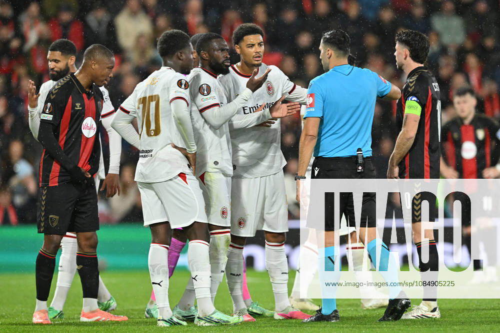 Bournemouth v AC Milan, Europa League Fikayo Tomori (23) of AC Milan argues with referee Vassilis Fotias after Mike Maignan (16) of AC Milan was shown a red card and sent off during the Europa League match between Bournemouth and AC Milan at the Vitality Stadium, Bournemouth, UK on 22 October 2026. Bournemouth Vitality Stadium Dorset UK Editorial use only ,