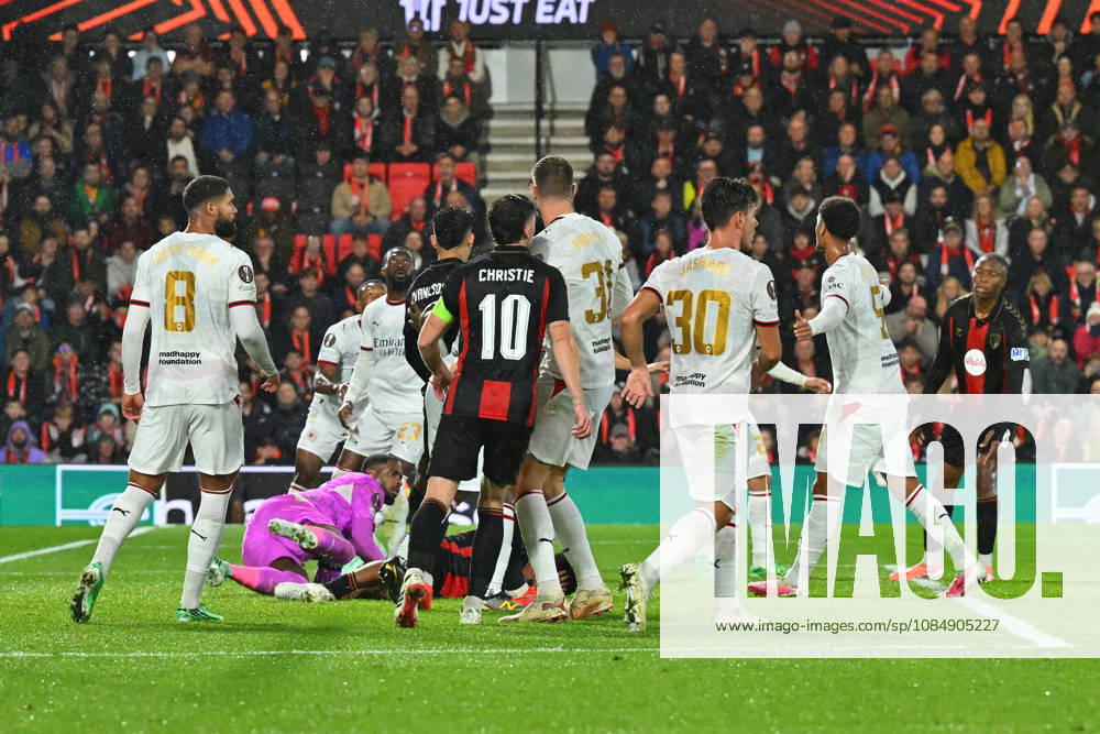 Bournemouth v AC Milan, Europa League Mike Maignan (16) of AC Milan takes down Tyler Adams (12) of AFC Bournemouth and is then shown a red card and sent off during the Europa League match between Bournemouth and AC Milan at the Vitality Stadium, Bournemouth, UK on 22 October 2026. Bournemouth Vitality Stadium Dorset UK Editorial use only ,