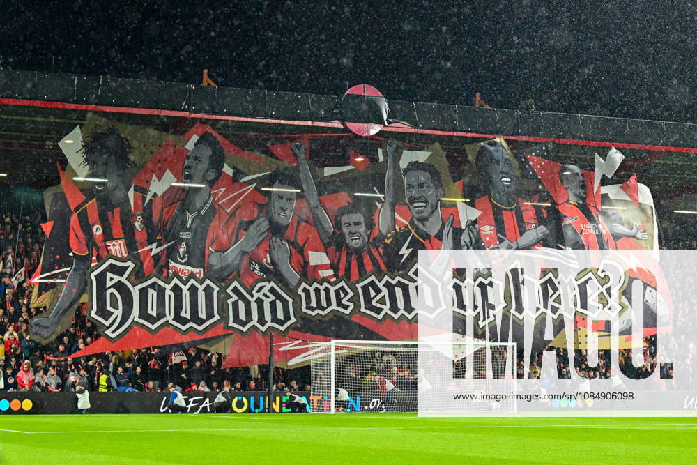 Bournemouth v AC Milan, Europa League How did we end up here? tifo flys above the home fans before kickoff during the Europa League match between Bournemouth and AC Milan at the Vitality Stadium, Bournemouth, UK on 22 October 2026. Bournemouth Vitality Stadium Dorset UK Editorial use only ,