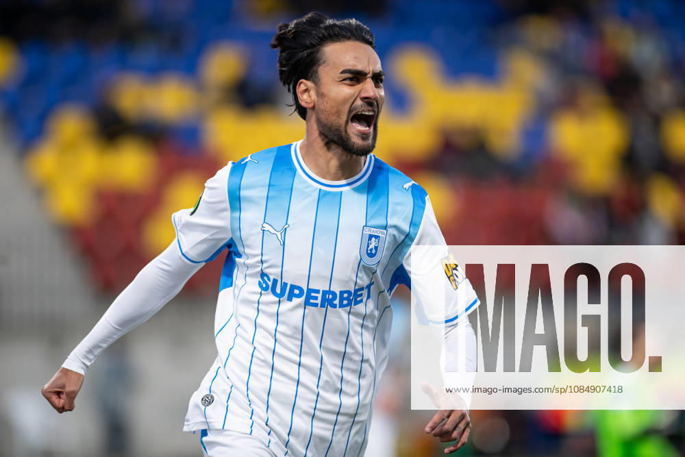 Inter Club Escaldes v Universitatae Craiova - UEFA Conference League Stefan Baiaram, player number 10 of Universitatea Craiova, celebrates after scoring for Universitatea Craiova during the UEFA Conference League match against Inter Club d Escaldes at New FAF Stadium in Encamp, Andorra, on October 22, 2026. Encamp Andorra Andorra