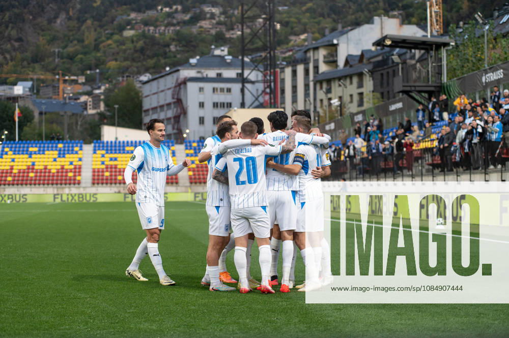 Inter Club Escaldes v Universitatae Craiova - UEFA Conference League Players of Universitatea Craiova celebrate after scoring the second goal during the UEFA Conference League match against Inter Club d Escaldes at New FAF Stadium in Encamp, Andorra, on October 22, 2026. Encamp Andorra Andorra