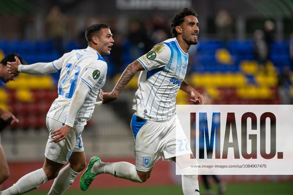 Inter Club Escaldes v Universitatae Craiova - UEFA Conference League Simon Elisor, player number 22 of Universitatea Craiova, celebrates after scoring for Universitatea Craiova during the UEFA Conference League match against Inter Club d Escaldes at New FAF Stadium in Encamp, Andorra, on October 22, 2026. Encamp Andorra Andorra
