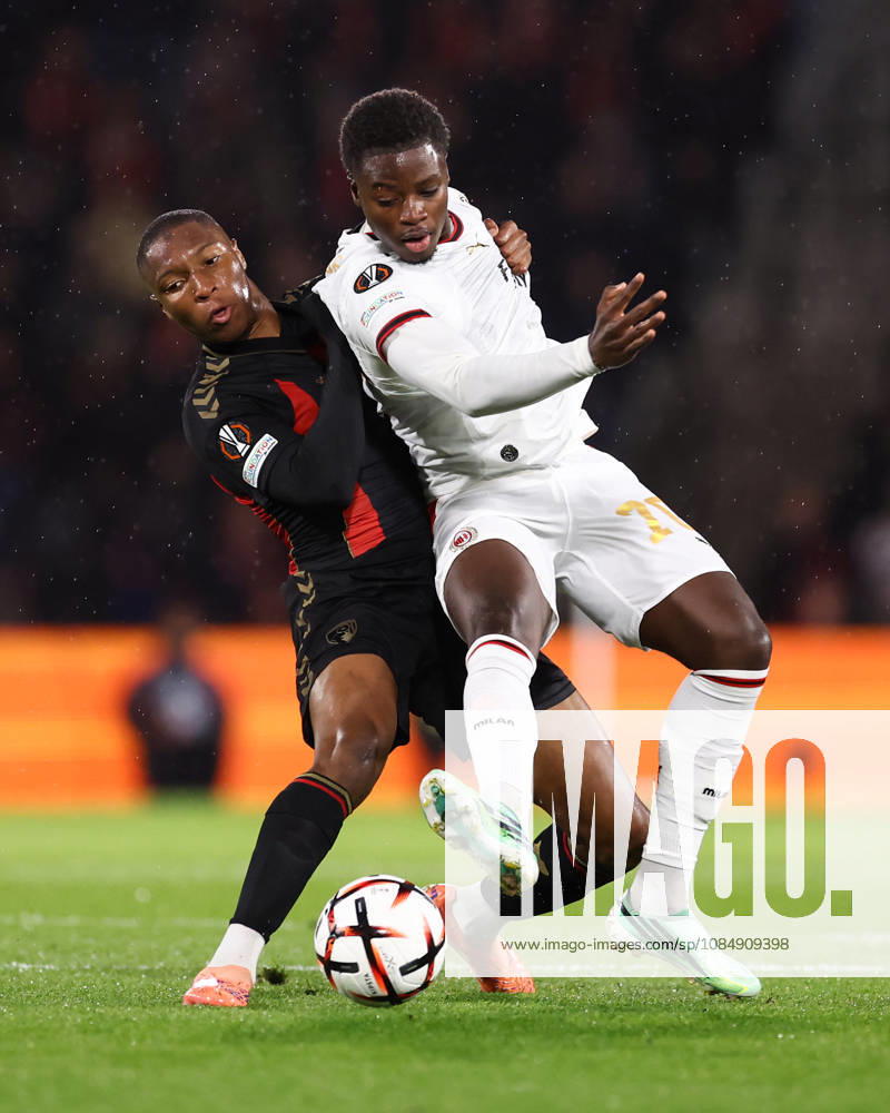Bournemouth v AC Milan 22 October 2026, Bournemouth - UEFA Europa League - Bournemouth v AC Milan - Bafode Diakite of Bournemouth and Alphadjo Cisse of AC Milan - Photo: Jacques Feeney Offside. Bournemouth UK