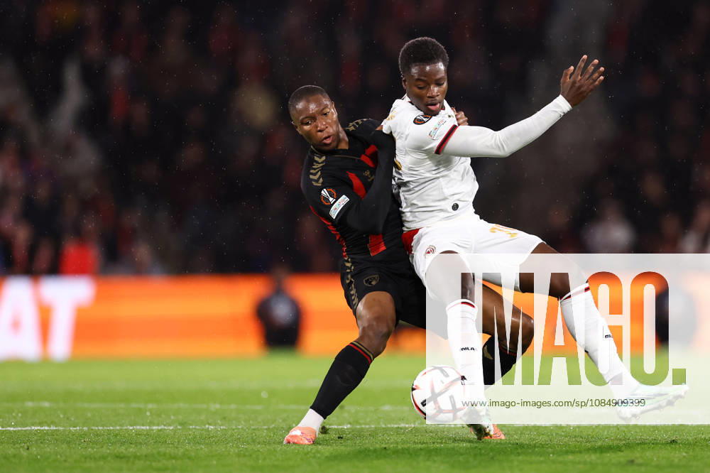 Bournemouth v AC Milan 22 October 2026, Bournemouth - UEFA Europa League - Bournemouth v AC Milan - Bafode Diakite of Bournemouth and Alphadjo Cisse of AC Milan - Photo: Jacques Feeney Offside. Bournemouth UK