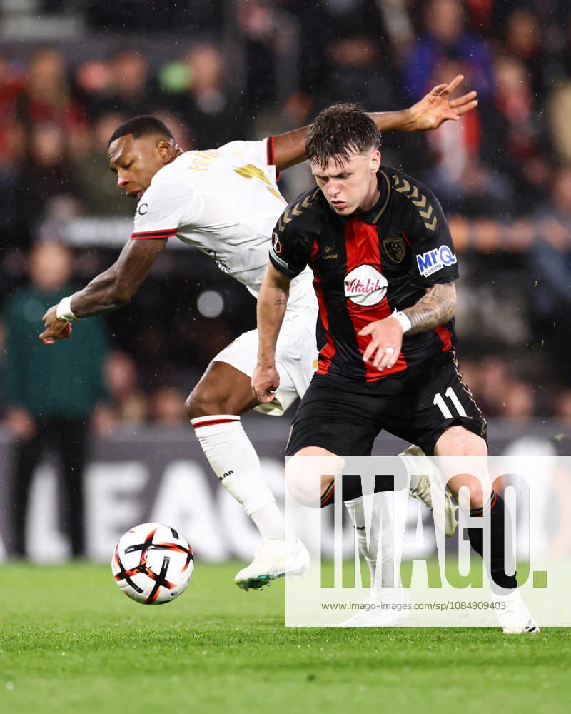 Bournemouth v AC Milan 22 October 2026, Bournemouth - UEFA Europa League - Bournemouth v AC Milan - Ben Gannon-Doak of Bournemouth and Pervis Estupinan of AC Milan - Photo: Jacques Feeney Offside. Bournemouth UK