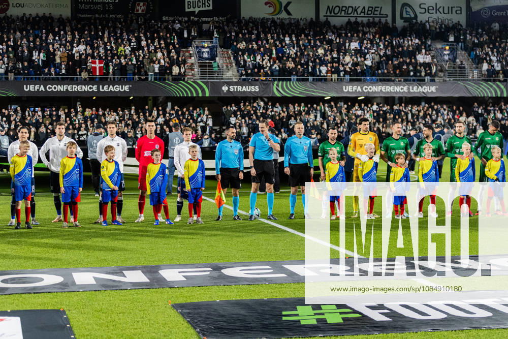Aarhus GF v Egnatia, UEFA Conference League, Randers, Denmark Randers, Denmark. 22nd, October 2026. Referee Ante Culina and the players line up for the UEFA Conference League match between Aarhus GF and Egnatia at Randers Stadion in Randers. Denmark, Randers, Cepheus Park Randers