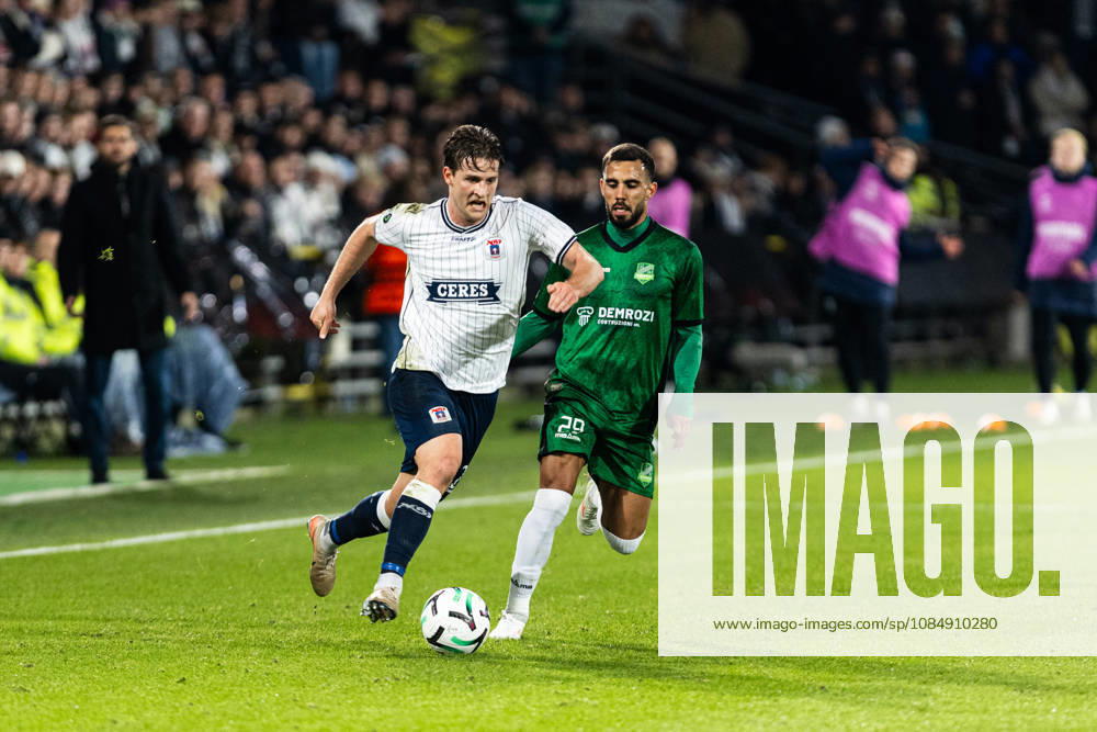 Aarhus GF v Egnatia, UEFA Conference League, Randers, Denmark Randers, Denmark. 22nd, October 2026. Rasmus Carstensen (L) of Aarhus GF and Andrey Yago (29) of Egnatia seen during the UEFA Conference League match between Aarhus GF and Egnatia at Randers Stadion in Randers. Denmark, Randers, Cepheus Park Randers