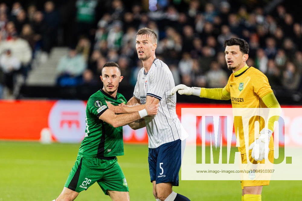 Aarhus GF v Egnatia, UEFA Conference League, Randers, Denmark Randers, Denmark. 22nd, October 2026. Frederik Tingager (5) of Aarhus GF and Eljon Sota (28) of Egnatia seen during the UEFA Conference League match between Aarhus GF and Egnatia at Randers Stadion in Randers. Denmark, Randers, Cepheus Park Randers