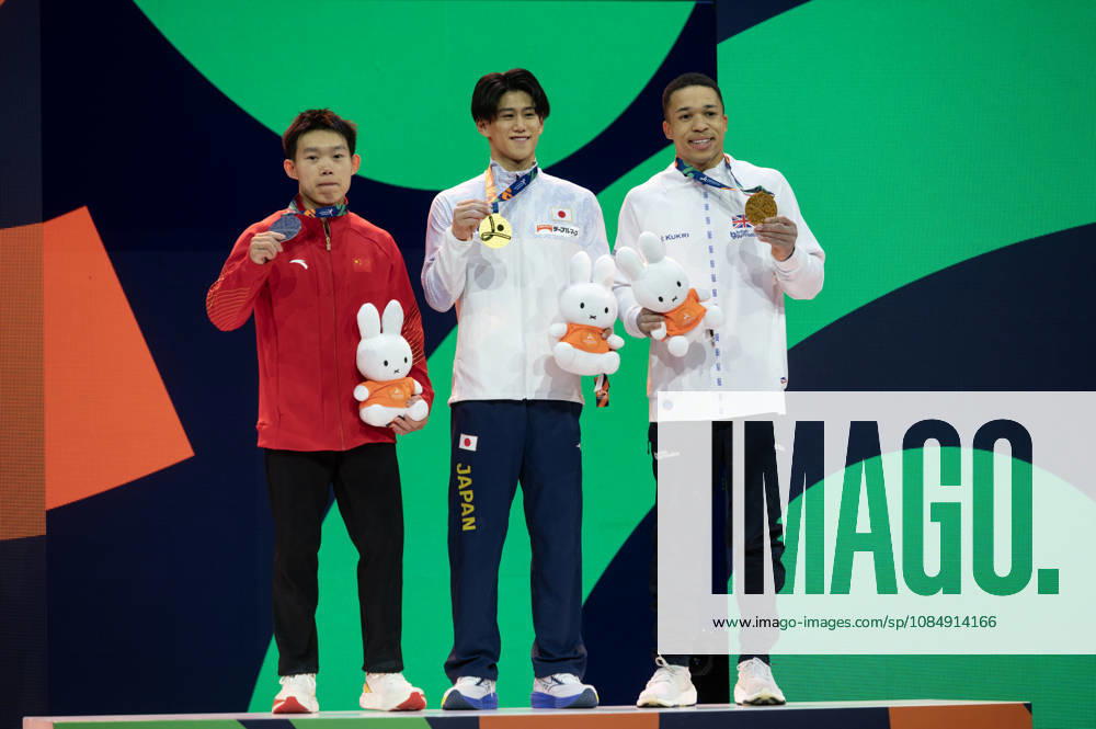Rotterdam The Netherlands 22nd October 2026 World Championships artistic gymnastics. Mens all round final Medal Podium Silver medallist Haonan Yang (CHN) Winner Hashimoto Daiki (JPN) Bronze medallist Joe Fraser (GBR) turnen