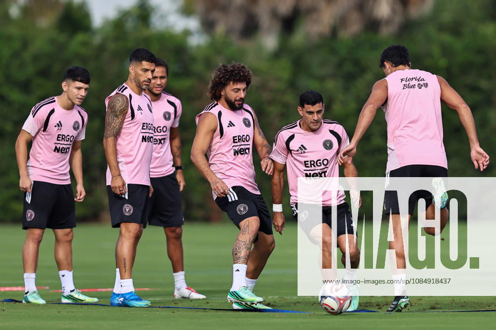 FORT LAUDERDALE, FL - OCTOBER 23: From (L-R), Inter Miami CF midfielder David Ayala (22), forward Luis Suarez (9), midfielder Telasco Segovia (8), defender Maximiliano Falcon (37), and forward German Berterame (19) are seen during an Inter Miami Training Session at Florida Blue Training Center on October 23, 2026 in Fort Lauderdale, Florida. (Photo by Chris Arjoon Icon Sportswire) SOCCER: OCT 23 Inter Miami CF Training Icon2610230000017