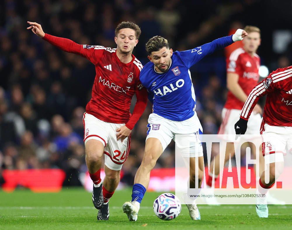 Ipswich, England, 23rd October 2026. James McAtee of Nottingham Forest tackles Julio Enciso of Ipswich Town during the Ipswich Town vs Nottingham Forest Premier League match at Portman Road, Ipswich. Picture credit should read: Paul Terry Sportimage . SPI_014_PT_Ipswich_Forest SPI-5093-0015