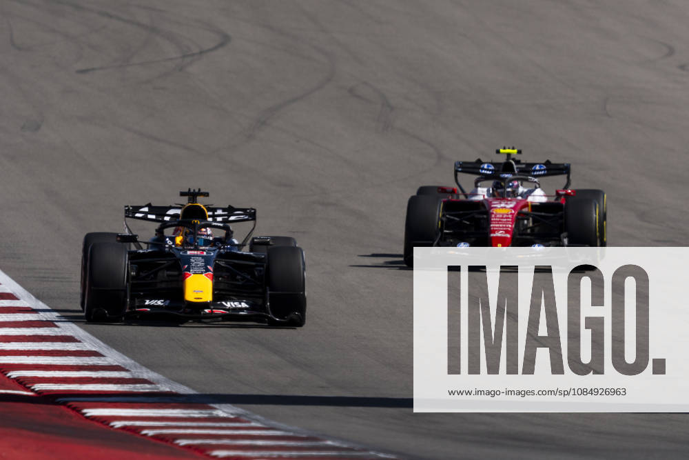 Dutch Formula One driver Max Verstappen of Red Bull Racing and British Formula One driver Lewis Hamilton of Scuderia Ferrari in action during the first free practice session of the Formula One United States Grand Prix at the Circuit of the Americas in Austin, Texas on Friday, October 23, 2026. AUS2026102317 GREGxNASH