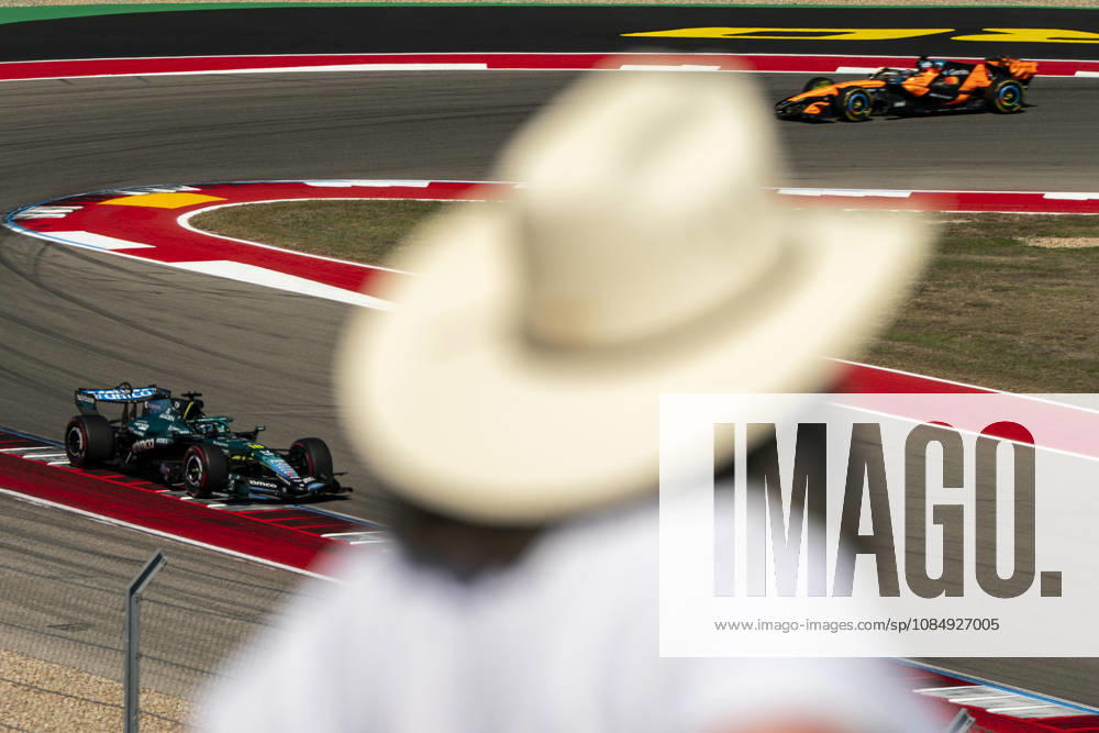 Canadian Formula One driver Lance Stroll of Aston Martin and British Formula One driver Lando Norris of McLaren F1 Team in action during the first free practice session of the Formula One United States Grand Prix at the Circuit of the Americas in Austin, Texas on Friday, October 23, 2026. AUS2026102330 GREGxNASH