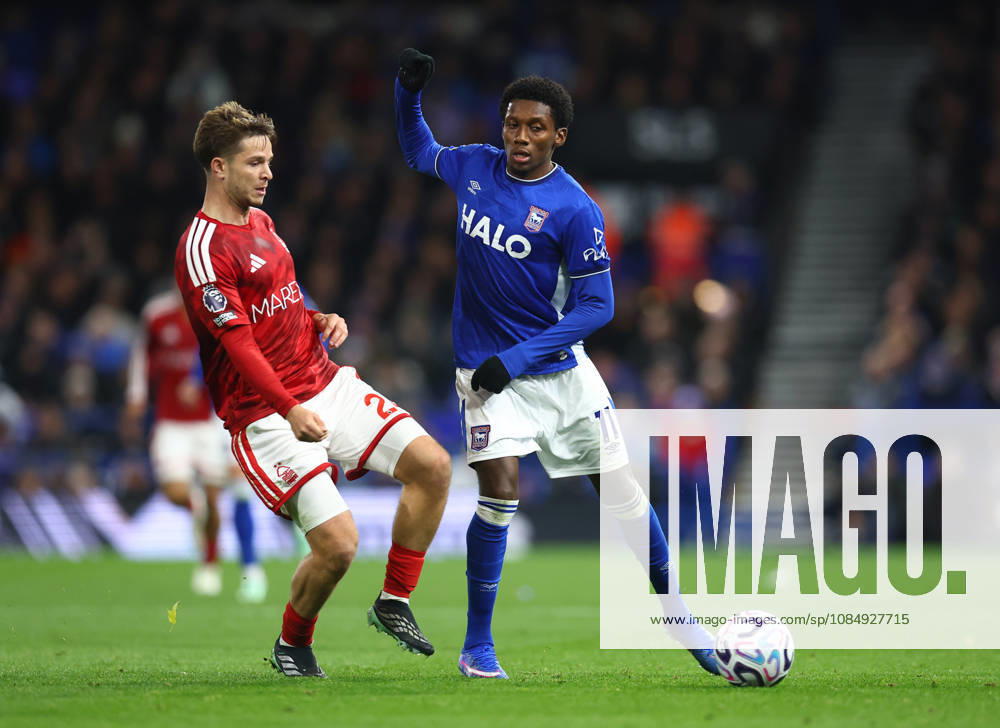 Ipswich, England, 23rd October 2026. James McAtee of Nottingham Forest and Jaden Philogene-Bidace of Ipswich Town during the Ipswich Town vs Nottingham Forest Premier League match at Portman Road, Ipswich. Picture credit should read: Paul Terry Sportimage . SPI_025_PT_Ipswich_Forest SPI-5093-0026