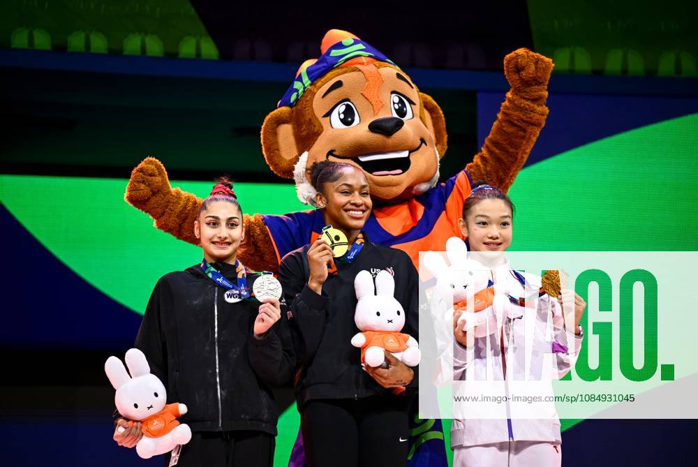 Netherlands Artistic Gymnastics World Championships 9271458 23.10.2026 Silver medalist Liudmila Roshchina of Team World Gymnastics Neutral Athletes 2, gold medalist Skye Blakely of the United States and bronze medalist China s Ke Qinqin celebrate on the podium during the awarding ceremony following the women s individual all-around final at the 2026 World Artistic Gymnastics Championships in Rotterdam, the Netherlands. Alexey Filippov Sputnik Rotterdam Netherlands