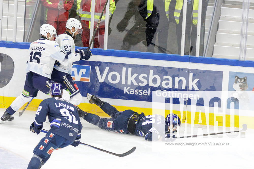 Ice hockey, Eishockey Men - DEL2 - EC Kassel Huskies vs Blue Devils Weiden Season 2026 2027 Jimmy Martinovic (C) of EC Kassel Huskies lays on the ice after tackle during the DEL2 ice hockey match between EC Kassel Huskies and Blue Devils Weiden in Kassel, Germany, 23 October 2026. Kassel entered the match in second place in the standings, while Weiden were ranked 12th. Hesse