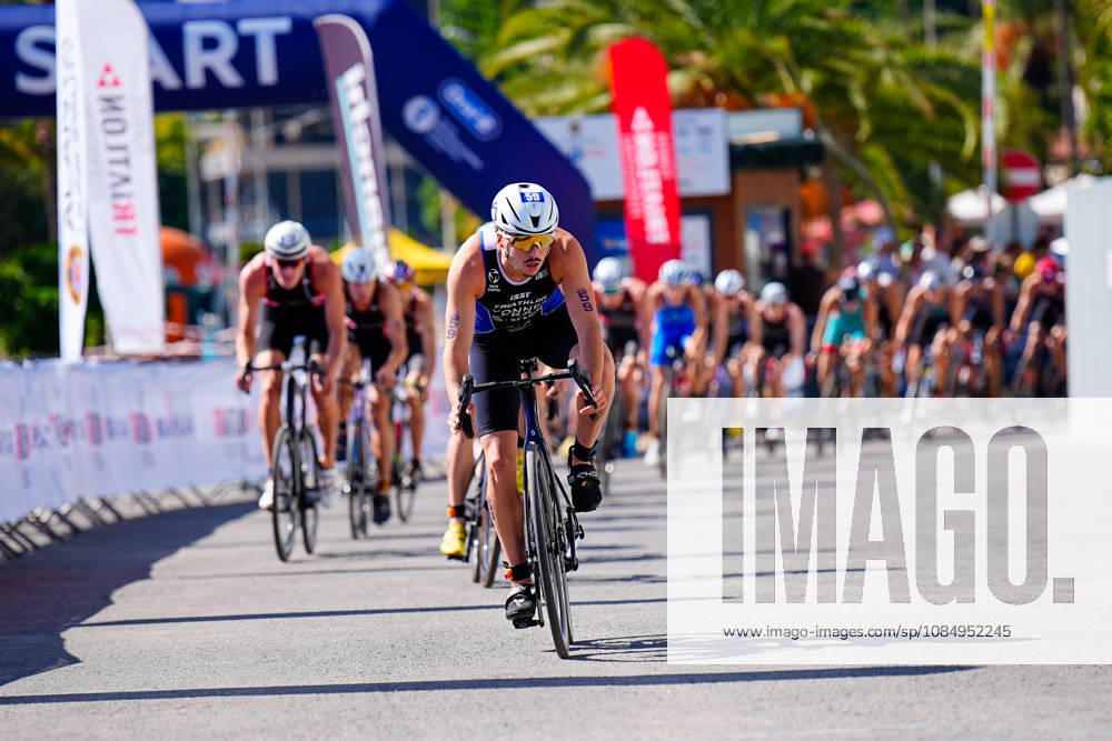 2026 Europe Triathlon Cup Alanya ANTALYA, TURKEY - OCTOBER 24: Gabin Yonnet of France leads a group of athletes in the bike leg during the elite men race of 2026 Europe Triathlon Cup Alanya on October 24, 2026 in Antalya, Turkey. Antalya Turkey