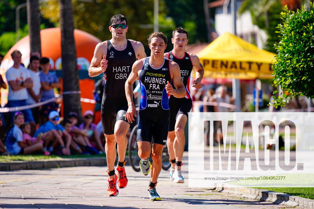 2026 Europe Triathlon Cup Alanya ANTALYA, TURKEY - OCTOBER 24: Martin Hubner of France leads a group of athletes in the run leg during the elite men race of 2026 Europe Triathlon Cup Alanya on October 24, 2026 in Antalya, Turkey. Antalya Turkey