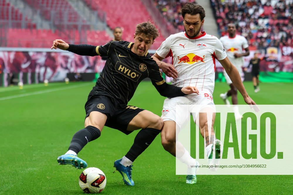 Deutschland: 1. Bundesliga 2026 2027, 7. Spieltag, RB Leipzig - SV Elversberg, Red Bull Arena (Leipzig): Zweikampf von Lukas Petkov (SV 07 Elversberg, 25) und Max Finkgräfe (RB Leipzig, 35)