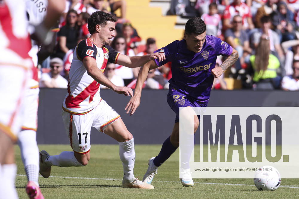 Rayo Vallecano v Espanyol - La Liga EA Sports 2026 27 October 24, 2026, Vallecas Stadium, Madrid, Spain: Lucas Cepeda of Elche is defended by Adria Pedrosa during La Liga EA Sports match between Rayo Vallecano and Elche CF at Vallecas Stadium on October 24, 2026 in Madrid, Spain. Madrid Vallecas Stadium Madrid Spain