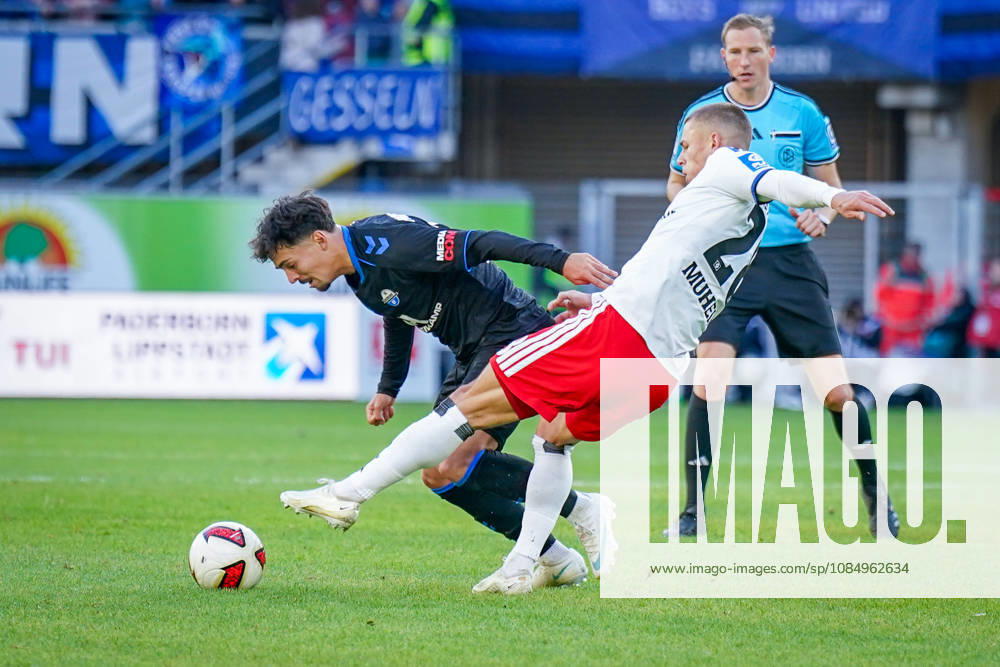 Deutschland: Fussball Bundesliga 2026 - 2027, 7. Spieltag - SC Paderborn vs Hamburger SV - Home-Deluxe-Arena (Paderborn): Santiago Castaneda (Paderborn 5) Miro Muheim (Hamburger SV, 28) Schiedsrichter Martin Petersen (Stuttgart)