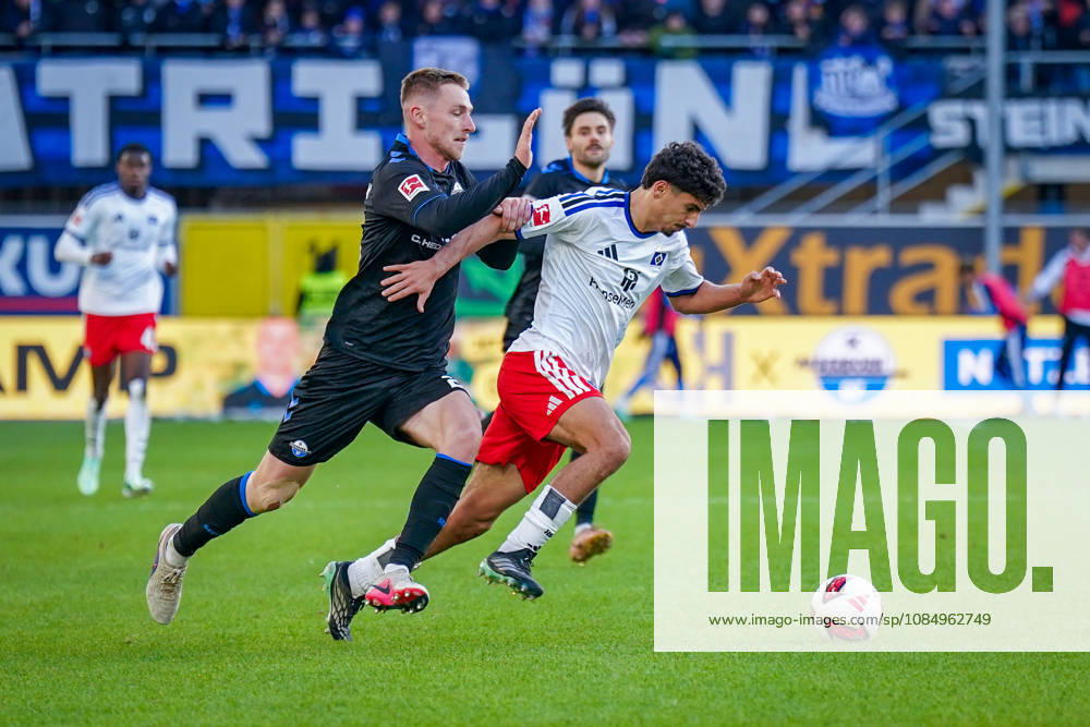 Deutschland: Fussball Bundesliga 2026 - 2027, 7. Spieltag - SC Paderborn vs Hamburger SV - Home-Deluxe-Arena (Paderborn): Martin Adeline (Hamburger SV, 5) Tjark Scheller (Paderborn 25) im Zweikampf