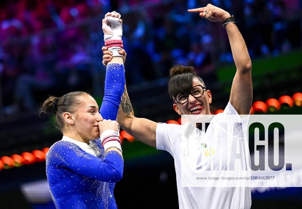 Netherlands Artistic Gymnastics World Championships 9272108 24.10.2026 Algeria s Kaylia Nemour reacts with her coach Nadia Masse after competing in the women s uneven bars final at the 2026 World Artistic Gymnastics Championships in Rotterdam, the Netherlands. Alexey Filippov Sputnik Rotterdam Netherlands