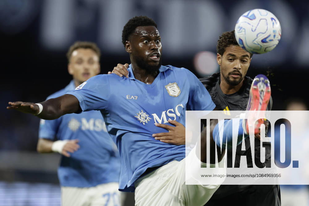 Italy: Serie a football match SSC Napoli vs AS Roma Napoli s French defender Benoit Badiashile challenges for the ball with Romas Dutch defender Devyne Rensch during the Serie A football match between SSC Napoli and AS Roma at the Diego Armando Maradona Stadium in Naples, October 24, 2026. _BPH5472