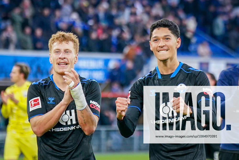 Deutschland: Fussball Bundesliga 2026 - 2027, 7. Spieltag - SC Paderborn vs Hamburger SV - Home-Deluxe-Arena (Paderborn): Laurin Curda (Paderborn 17) und Santiago Castaneda (Paderborn 5) Freude, Emotionen, Jubel, Mimik, Gesichtsausdruck, Geste, Gestik, Emotion