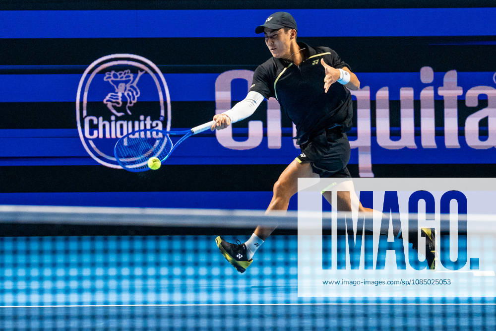 Rinky Hijikata of Australia plays a forehand against Yannick Hanfmann of Germany during the Swiss Indoors Basel Day 2 at St. Jakobshalle on October 25, 2026 in Basel, Switzerland.