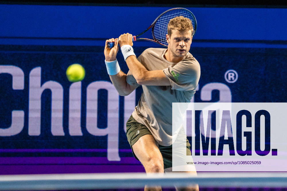 Yannick Hanfmann of Germany plays a backhand against Rinky Hijikata of Australia during the Swiss Indoors Basel Day 2 at St. Jakobshalle on October 25, 2026 in Basel, Switzerland.