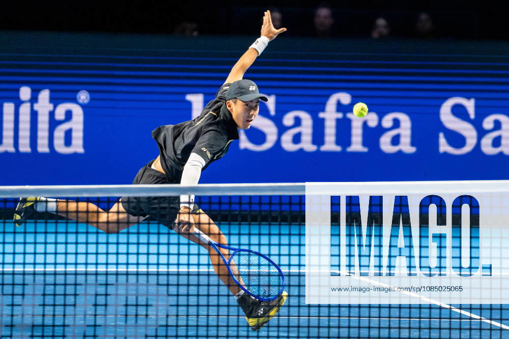 Rinky Hijikata of Australia plays a backhand against Yannick Hanfmann of Germany during the Swiss Indoors Basel Day 2 at St. Jakobshalle on October 25, 2026 in Basel, Switzerland.