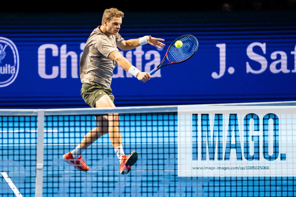 Yannick Hanfmann of Germany plays a backhand against Rinky Hijikata of Australia during the Swiss Indoors Basel Day 2 at St. Jakobshalle on October 25, 2026 in Basel, Switzerland.