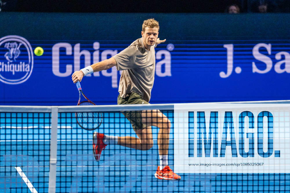 Yannick Hanfmann of Germany plays a backhand against Rinky Hijikata of Australia during the Swiss Indoors Basel Day 2 at St. Jakobshalle on October 25, 2026 in Basel, Switzerland.