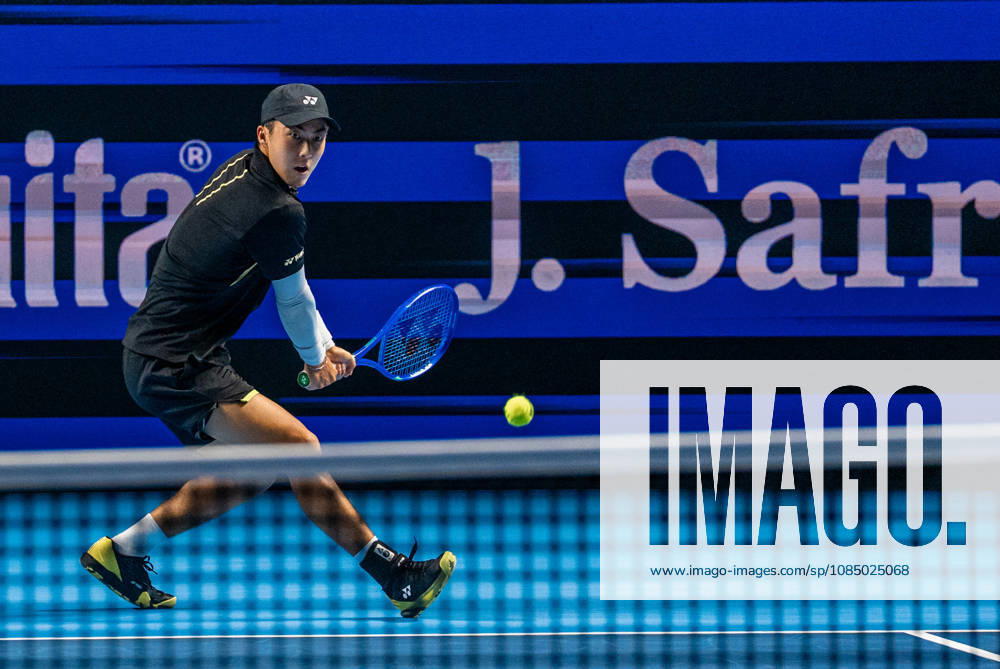 Rinky Hijikata of Australia plays a backhand against Yannick Hanfmann of Germany during the Swiss Indoors Basel Day 2 at St. Jakobshalle on October 25, 2026 in Basel, Switzerland.