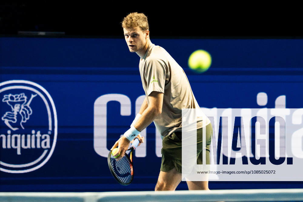 Yannick Hanfmann of Germany warming up against Rinky Hijikata of Australia during the Swiss Indoors Basel Day 2 at St. Jakobshalle on October 25, 2026 in Basel, Switzerland.