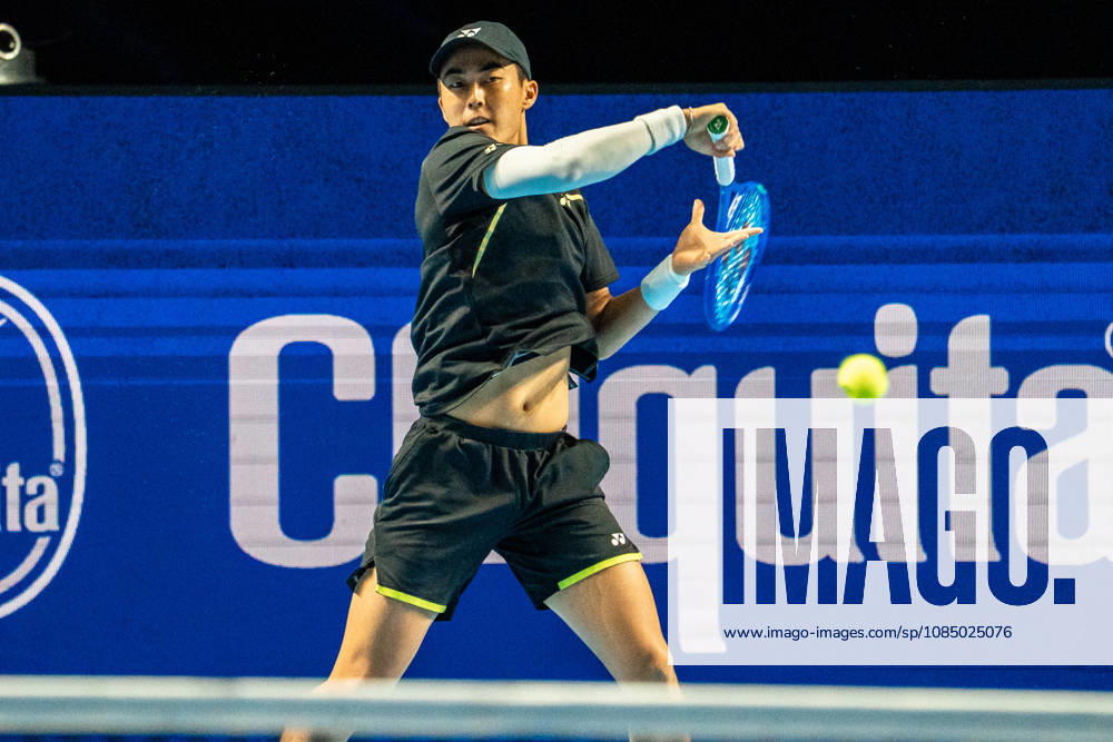 Rinky Hijikata of Australia plays a forehand against Yannick Hanfmann of Germany during the Swiss Indoors Basel Day 2 at St. Jakobshalle on October 25, 2026 in Basel, Switzerland.