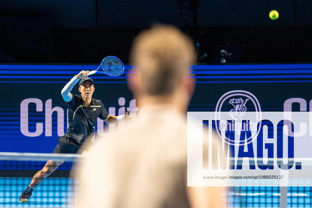 Rinky Hijikata of Australia plays a forehand against Yannick Hanfmann of Germany during the Swiss Indoors Basel Day 2 at St. Jakobshalle on October 25, 2026 in Basel, Switzerland.