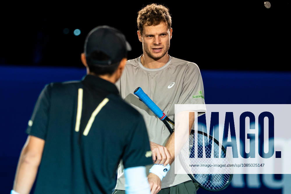 Yannick Hanfmann of Germany looks on Rinky Hijikata of Australia before the Swiss Indoors Basel Day 2 at St. Jakobshalle on October 25, 2026 in Basel, Switzerland.