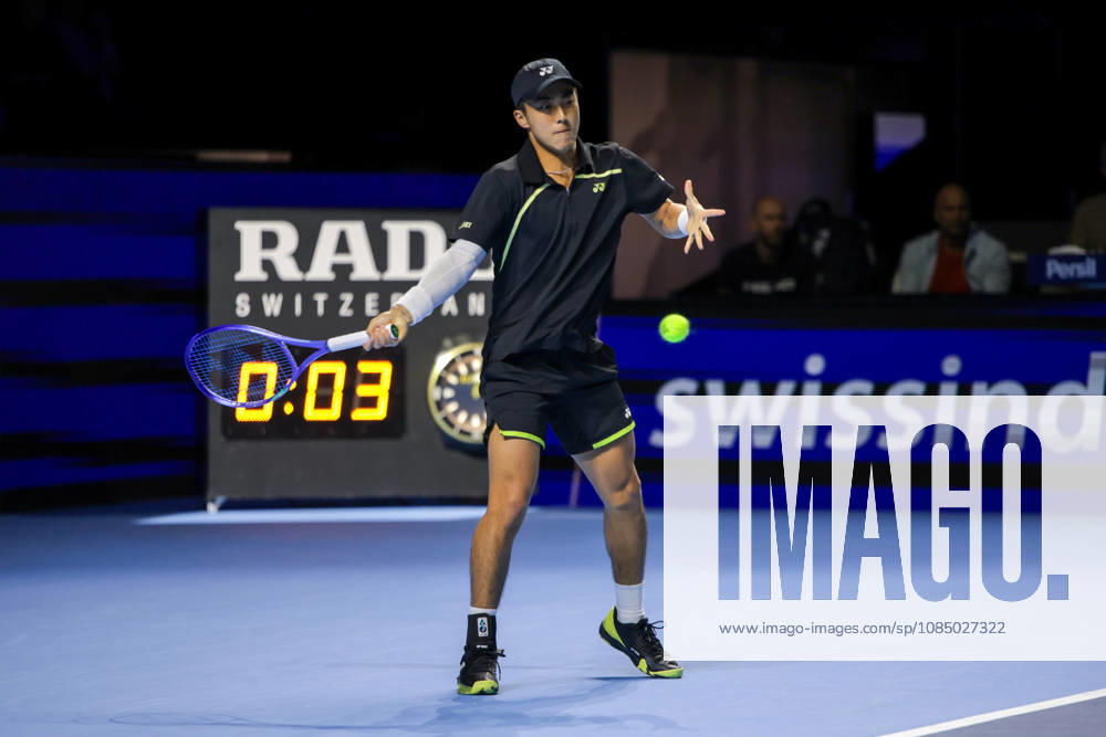25th October 2026; St. Jakobshalle, Basel, Switzerland; ATP, Tennis Herren Tennis, Swiss Indoors Basel, Day 2; Qualifying final; Rinky Hijikata of Australia plays a forehand AnthonyxBenoit