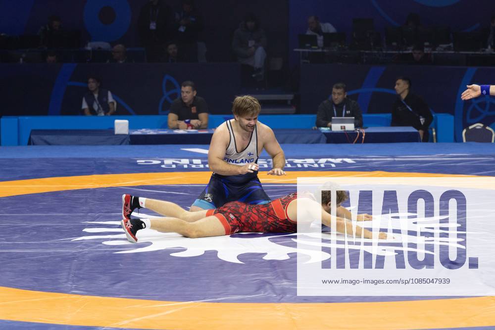 Astana, 2021 World Wrestling Championshi, Kazakhstan: ELIAS KUOSMANEN of Finland celebrates after defeating DANILA SOTNIKOV of Italy 5-4 in the men s Greco-Roman 130kg round of 16 at the Senior World Wrestling Championships in Astana, Kazakhstan, October 25, 2026. . Astana Kazakhstan - ZUMAt172 20261025_zip_t172_002