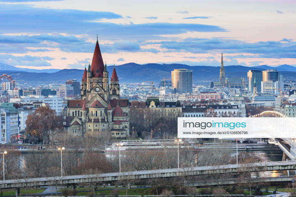 Vienna city center, river Donau (Danube), bridge Reichsbrücke, church Franz von Assisi, cathedral Stephansdom (St. Stephen s Cathedral), Ferris Wheel in Prater Wien, Vienna Wien Austria 00. overview