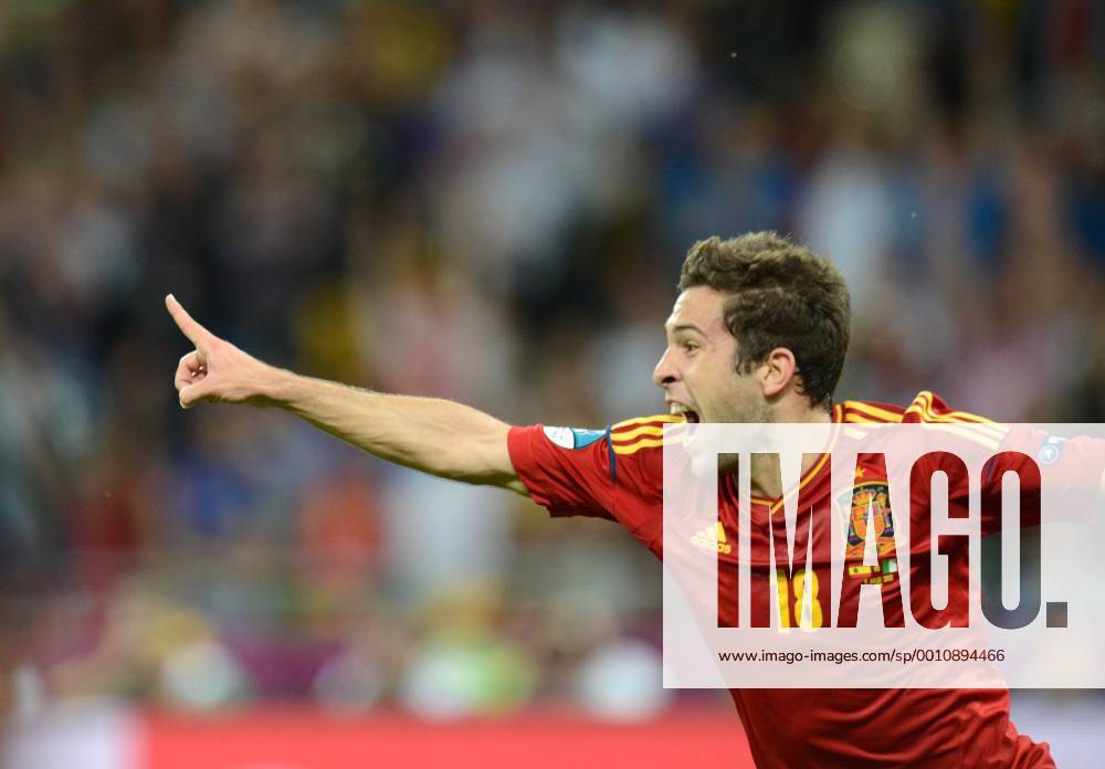Jordi Alba of Spain celebrates after scoring a goal against Italy in the final match of the UEFA European Football Championship 2012 in Kiev, Ukraine, 1 July 2012. Majestic Spain took their place among the games greats by thrashing Italy 4-0 to retain their European title on Sunday (1 July 2012), the biggest victory margin in a World Cup or Euro final, and all without a recognized striker. Their success rewrote the tactical handbook and the record books after goals from David Silva, Jordi Alba and late substitutes Fernando Torres and Juan Mata gave the world champions an ultimately easy victory over an Italian team down to 10 men through injury for the last half-hour. Spain routs Italy 4-0 to win Euro 2012 crown pau671347_03
