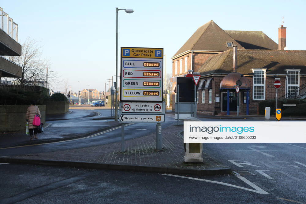 The Queensgate Shopping Centre car parks are all closed on the first weekend of Lockdown Three , in Peterborough, Cambridgeshire. Again, people are not allowed to leave home except for minimal food shopping, medical treatment, exercise - once a day, and essential work.