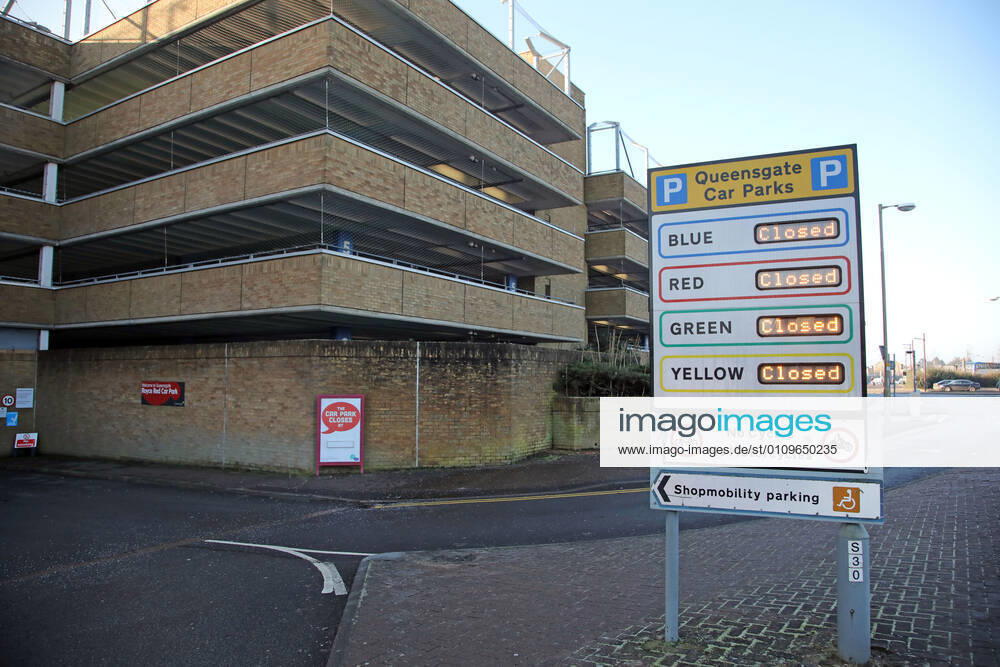 The Queensgate Shopping Centre car parks are all closed on the first weekend of Lockdown Three , in Peterborough, Cambridgeshire. Again, people are not allowed to leave home except for minimal food shopping, medical treatment, exercise - once a day, and essential work.