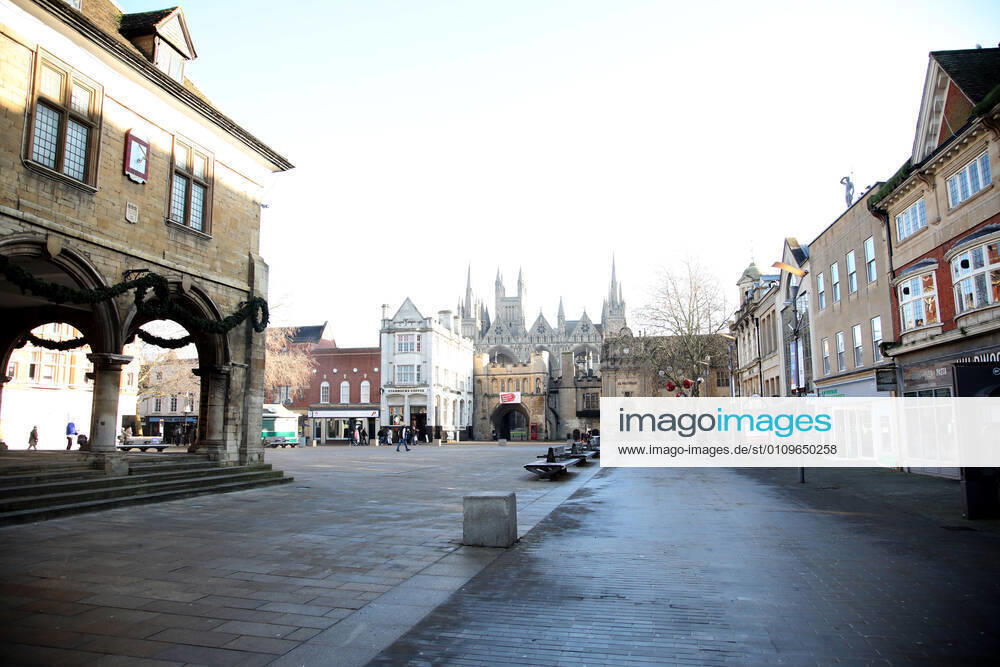 Peterborough Cathedral Square on the first weekend of Lockdown Three , in Peterborough, Cambridgeshire. Again, people are not allowed to leave home except for minimal food shopping, medical treatment, exercise - once a day, and essential work.